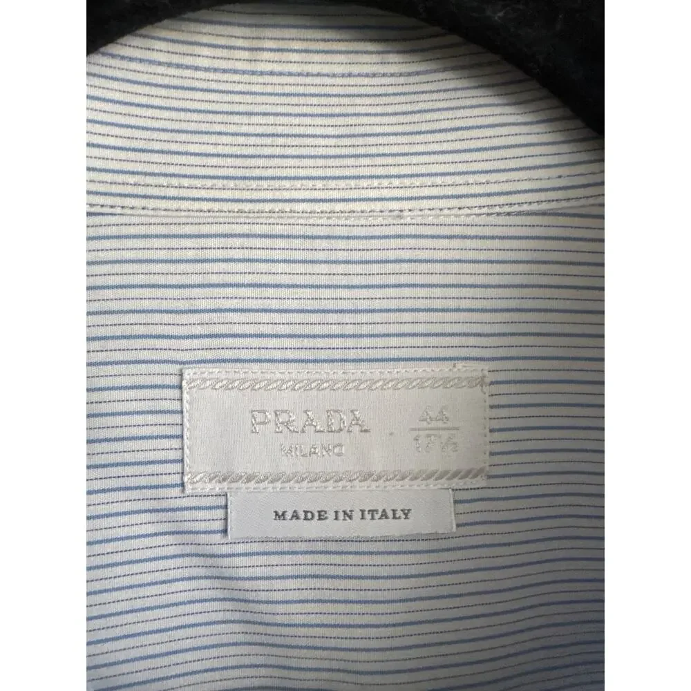 PRADA White & Blue Pinstripe Cotton Button Down Long Sleeve size 44 17 1/2